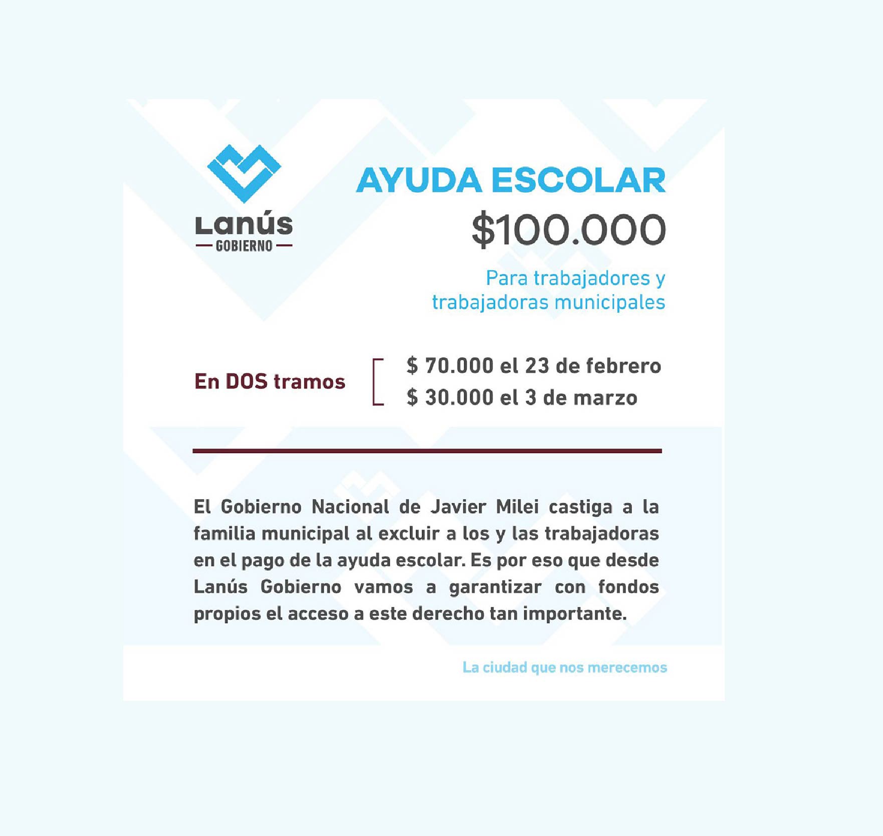 Ayuda escolar de $100.000 a trabajadores y trabajadoras municipales